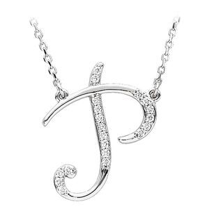 1/10 Ctw Diamond Sterling Silver Medium Script Initial P Necklace 16in